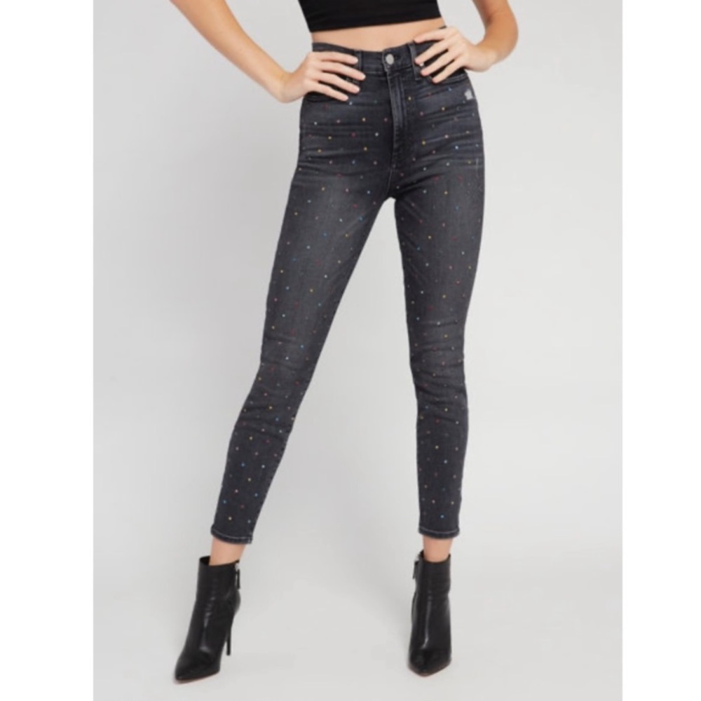 Alice + Olivia Good High Rise Ankle Skinny Jeans with Rainbow Crystals